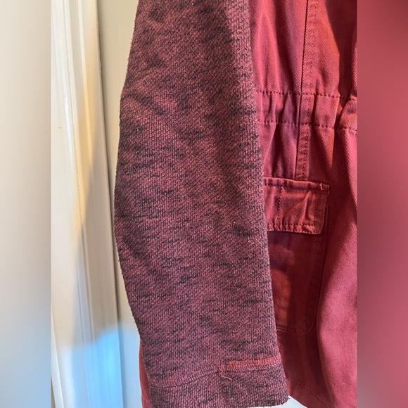 Burgundy Utility Jacket- Denim Bodice, Sweatshirt Sleeves& Hood, Snaps &Pockets - Picture 4 of 10